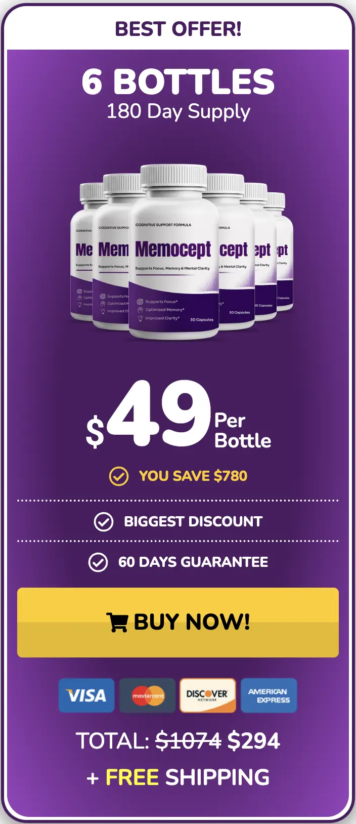 Memocept 6 bottle package 180 day supply best value discount with free bonuses