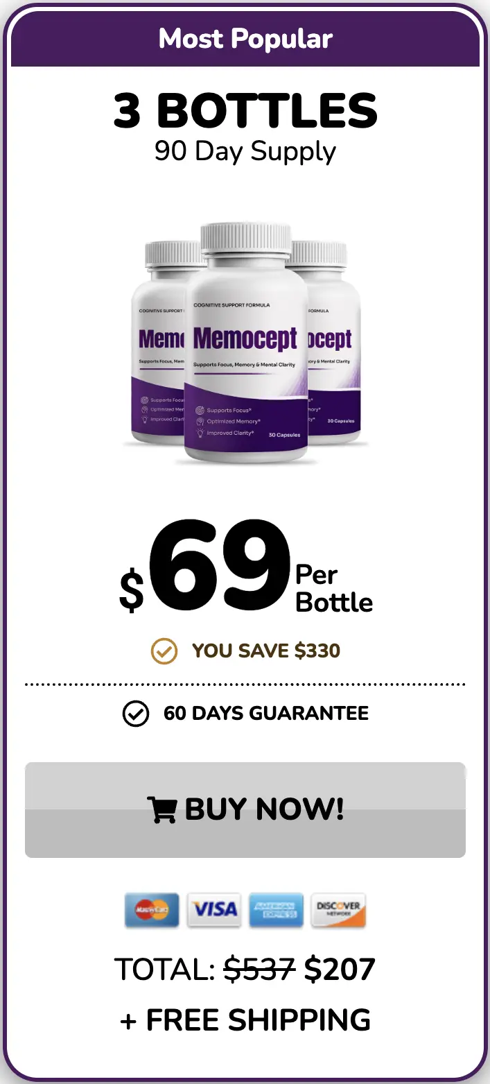 Memocept 3 bottle package 90 day supply with free bonuses and free US shipping